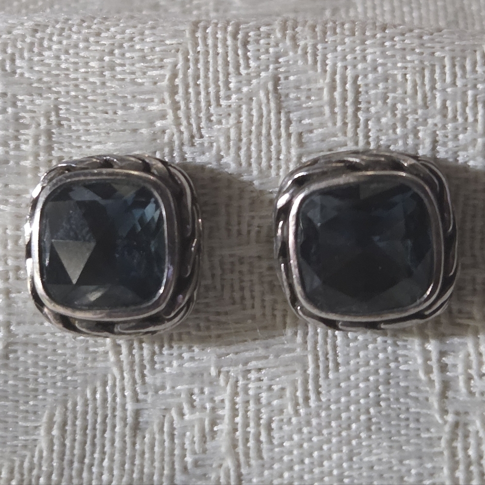 John Hardy Classic Chain Blue Topaz Square Stud Earrings, SS